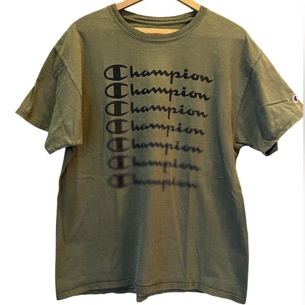 Champion Logo Shirt Script Army Green Athletic Casual Spellout Streetwear Mens L